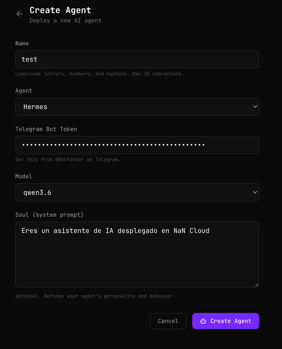 Formulario de creación de agente