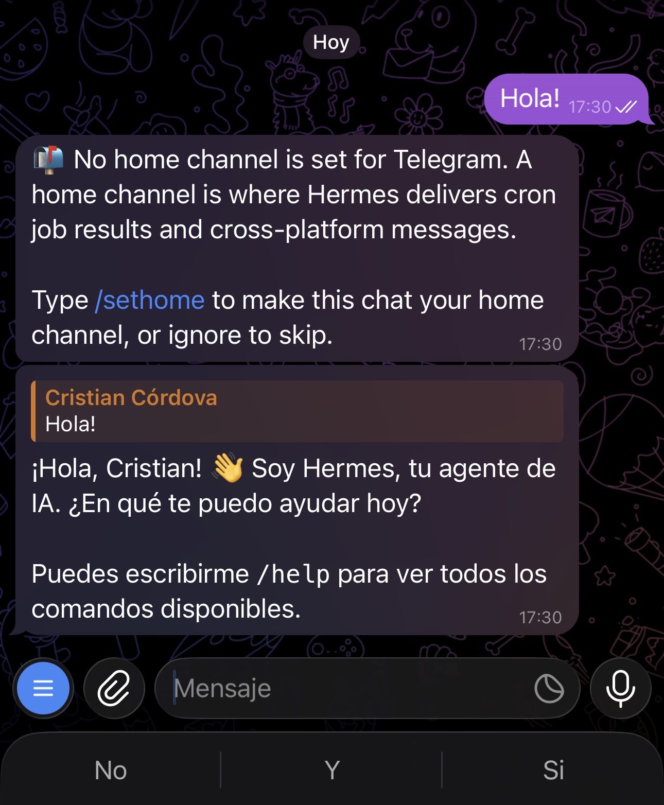 Conversación con Hermes en Telegram