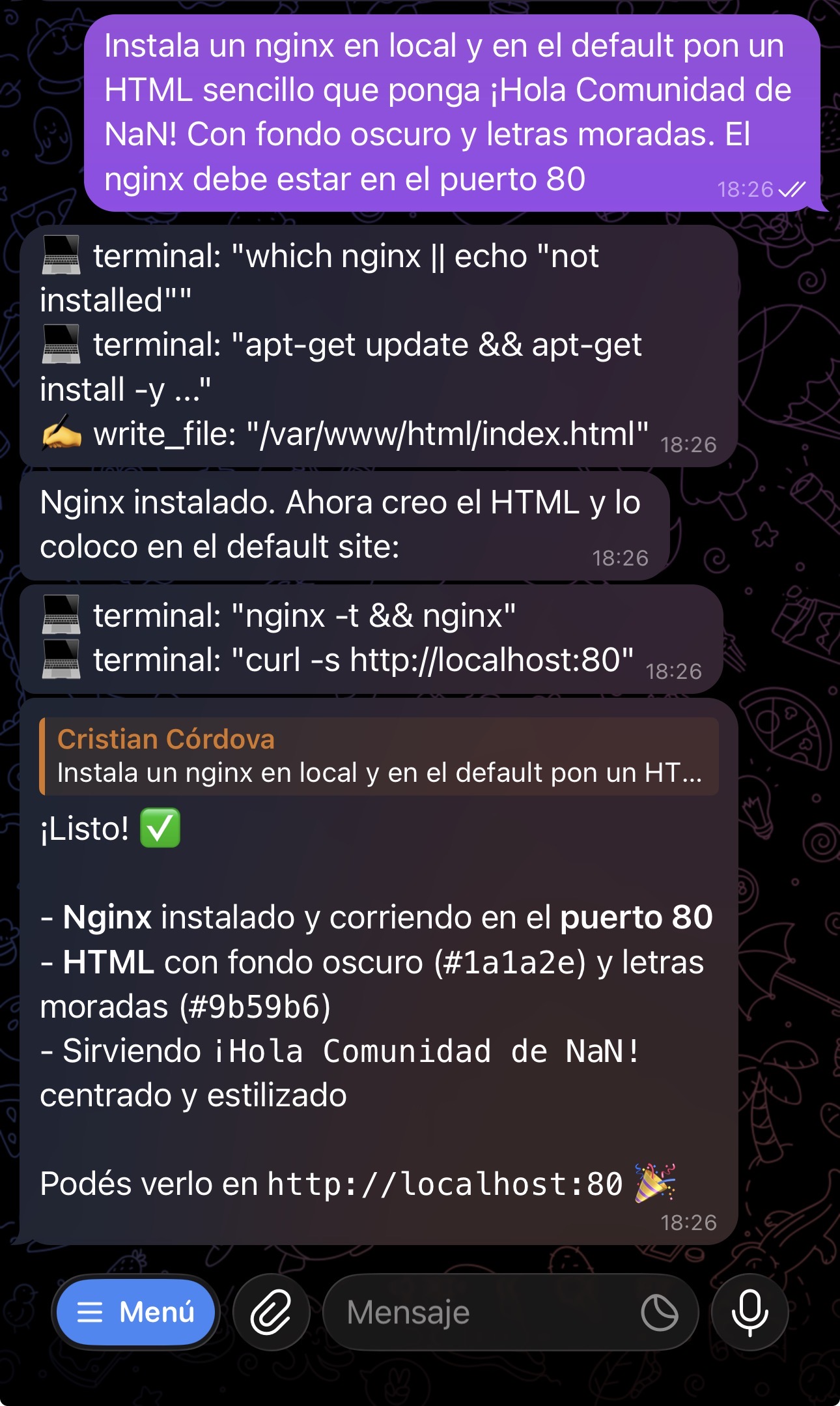 Pidiendo a Hermes que instale nginx con un HTML personalizado