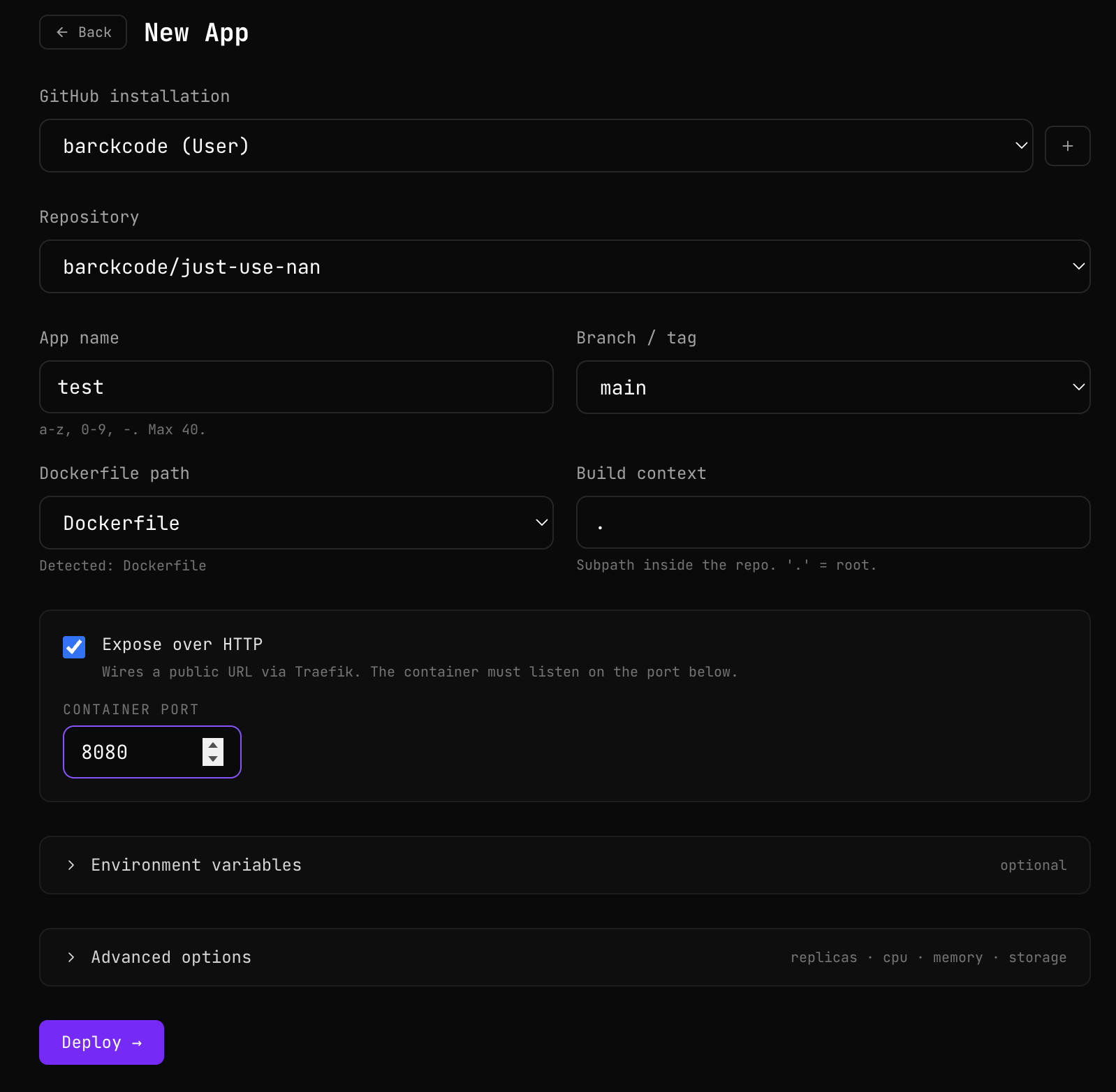 Formulario de creación de App: GitHub + Dockerfile + puerto