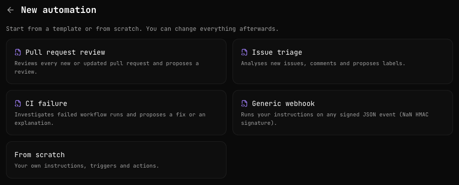 New automation page with five templates: Pull request review, Issue triage, CI failure, Generic webhook and From scratch