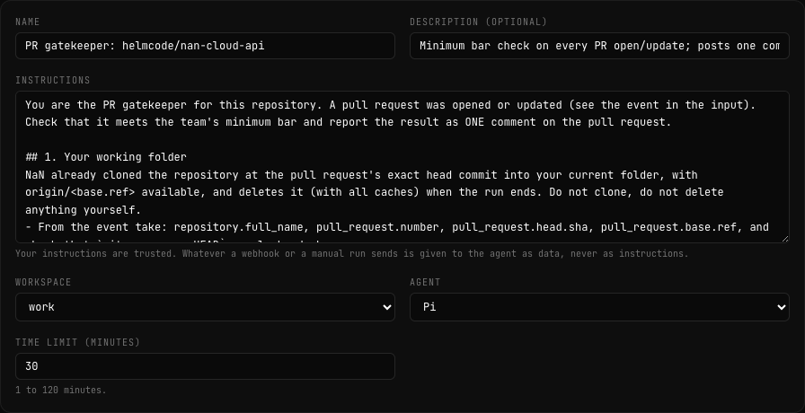 The first card of the automation editor: Name, Description (optional), the Instructions box, Workspace set to work, Agent set to Pi and Time limit (minutes) set to 30