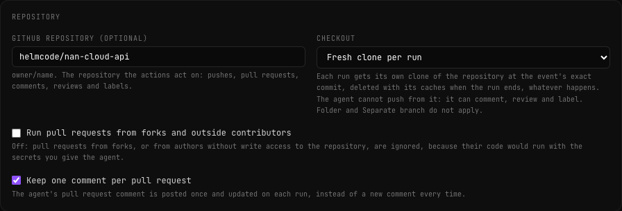Repository card: GitHub repository (optional) set to helmcode/nan-cloud-api, Checkout set to Fresh clone per run, Run pull requests from forks and outside contributors unticked and Keep one comment per pull request ticked