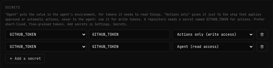 Secrets card with two GITHUB_TOKEN rows: one set to Actions only (write access), the other to Agent (read access)