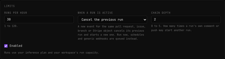 Limits card: Runs per hour 30, When a run is active set to Cancel the previous run, Chain depth 2 and Enabled ticked