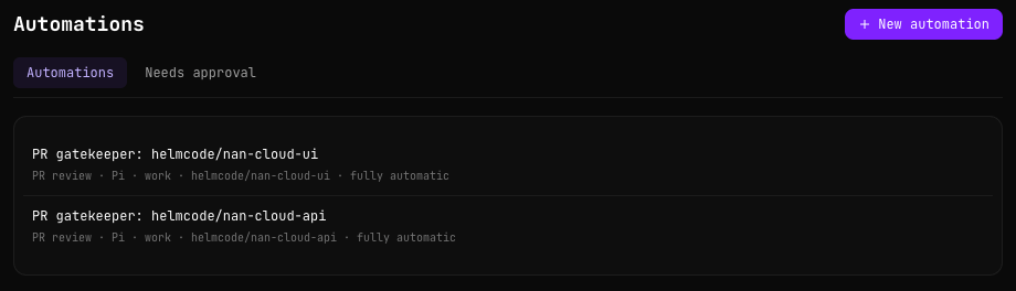 Automations list with two automations, PR gatekeeper for helmcode/nan-cloud-ui and for helmcode/nan-cloud-api, each with PR review, Pi, work, the repository and fully automatic