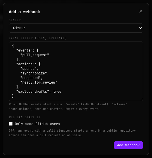 Add a webhook dialog: Sender set to GitHub, the event filter JSON with events pull_request, actions opened, synchronize, reopened and ready_for_review, exclude_drafts true, the Only some GitHub users option unticked and the Add webhook button
