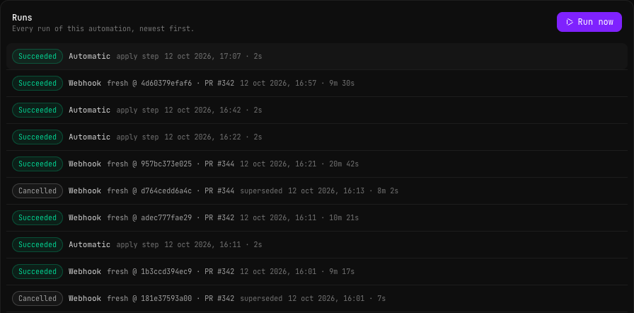 Runs tab of the gatekeeper: Succeeded webhook runs with fresh at a commit and a pull request number, two-second Automatic apply step runs, and two Cancelled runs marked superseded