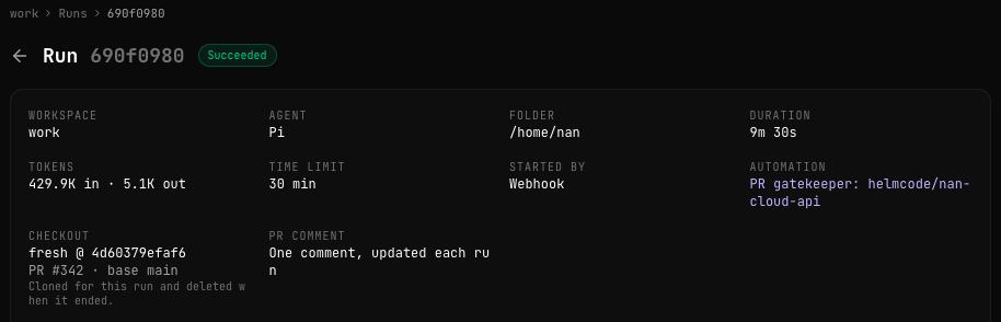 Run page of a succeeded gatekeeper run: workspace work, agent Pi, duration 9m 30s, tokens 429.9K in and 5.1K out, time limit 30 min, started by Webhook, Checkout fresh at a commit for pull request 342 against main, cloned for this run and deleted when it ended, and PR comment: one comment, updated each run