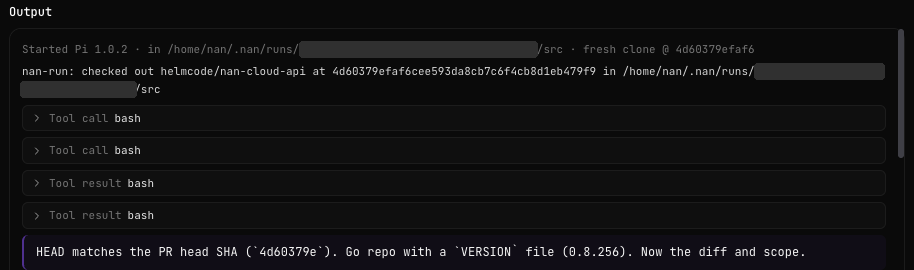 The Output of the run: Started Pi in the run's folder with a fresh clone at the commit, the line that says which repository and commit were checked out, folded Tool call and Tool result lines, and the agent noting that HEAD matches the pull request's head