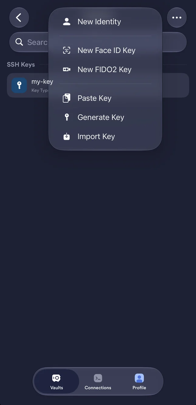 Keychain de Termius con el menú + abierto y la opción Generate Key
