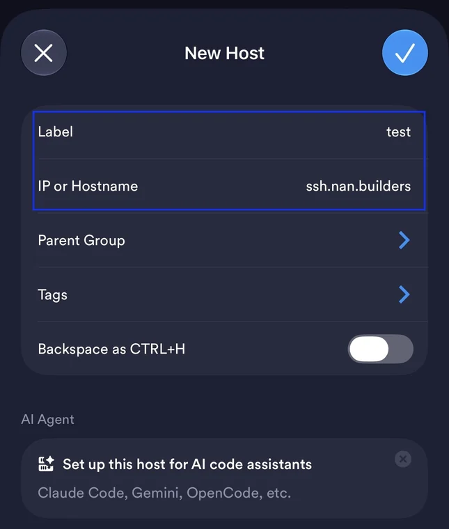 Formulario New Host de Termius con el Label y el hostname ssh.nan.builders