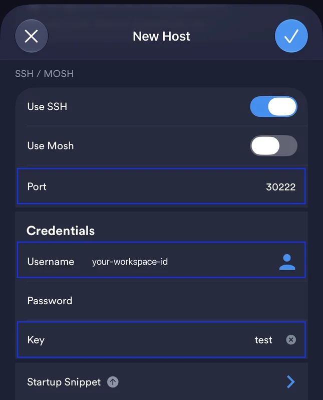 Formulario New Host de Termius con Use SSH activado, Use Mosh desactivado, el puerto 30222, el usuario y la clave seleccionada
