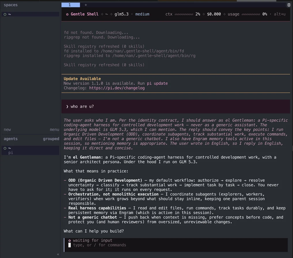 Herdr en un ordenador con una sesión de gentle-shell